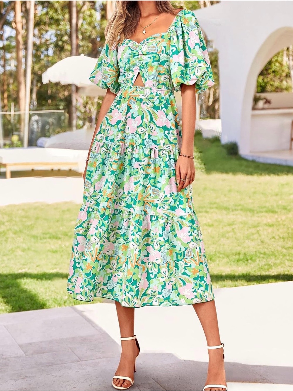 #101 BTFBM Floral Puff-Sleeve Maxi Dress  Short Sleeve Smocked Boho